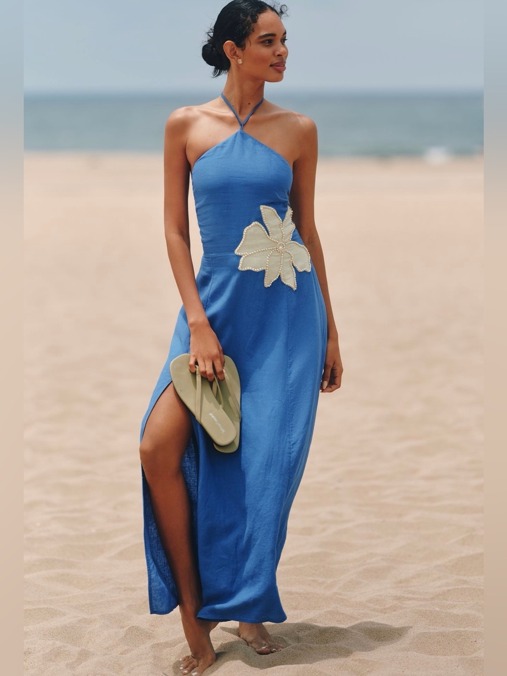 NWOT size Large Anthropologie Celandine Linen Blend Halter Side Slit Maxi Dress
